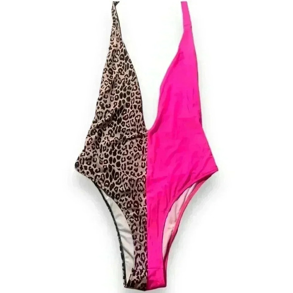 Shein One Piece Swimsuit Contrasting Pink and Leopard Plunging Front Self Tie - Picture 4 of 8